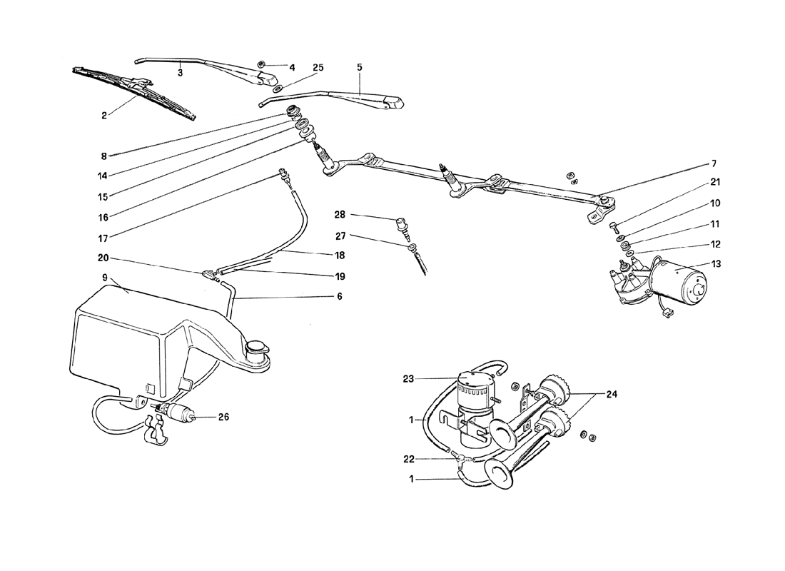 Schematic: Windshield Wiper, Washer and Horns