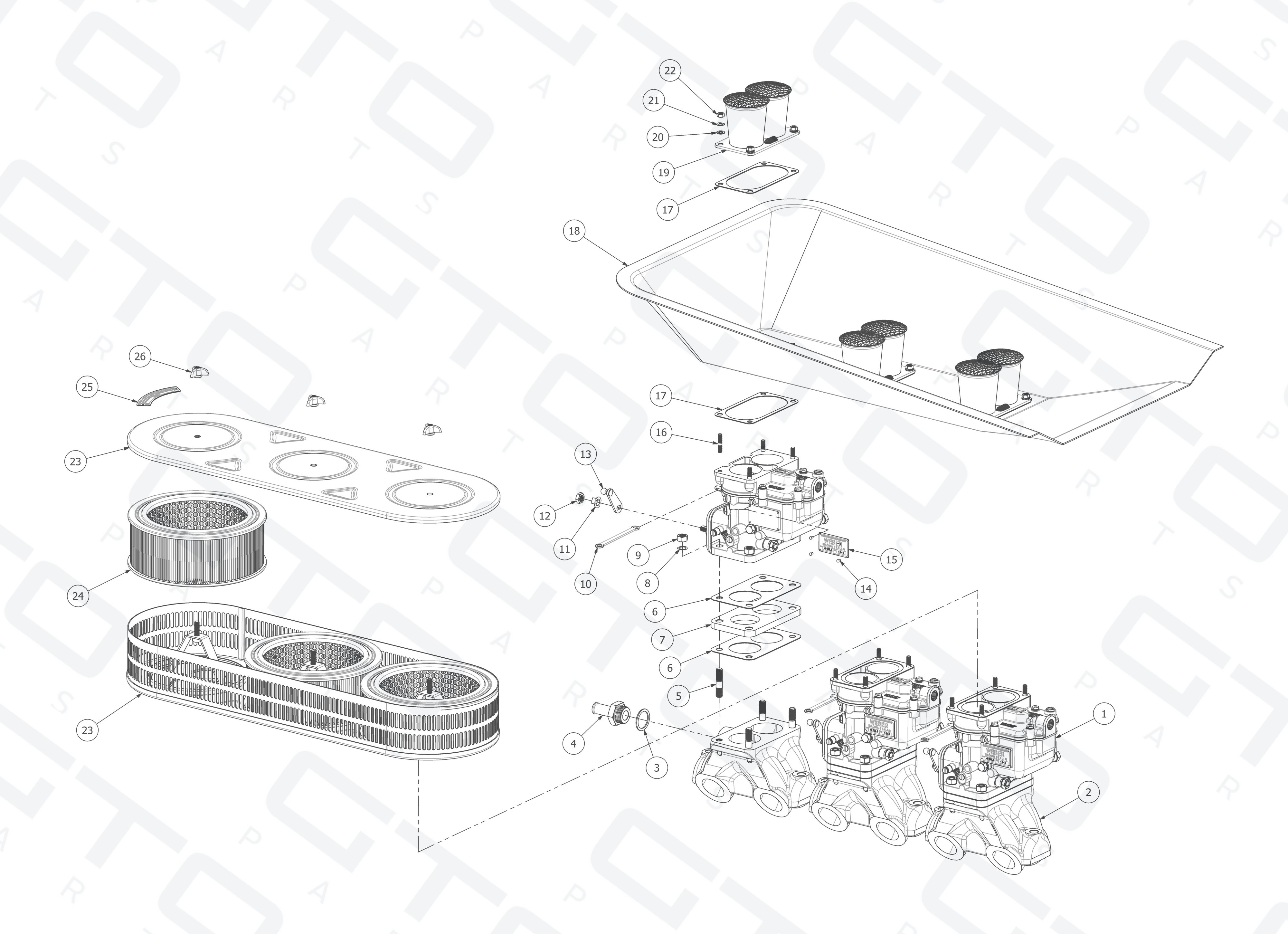 Schematic: Inlet Manifolds, Carbs, & Air Filter Assembly