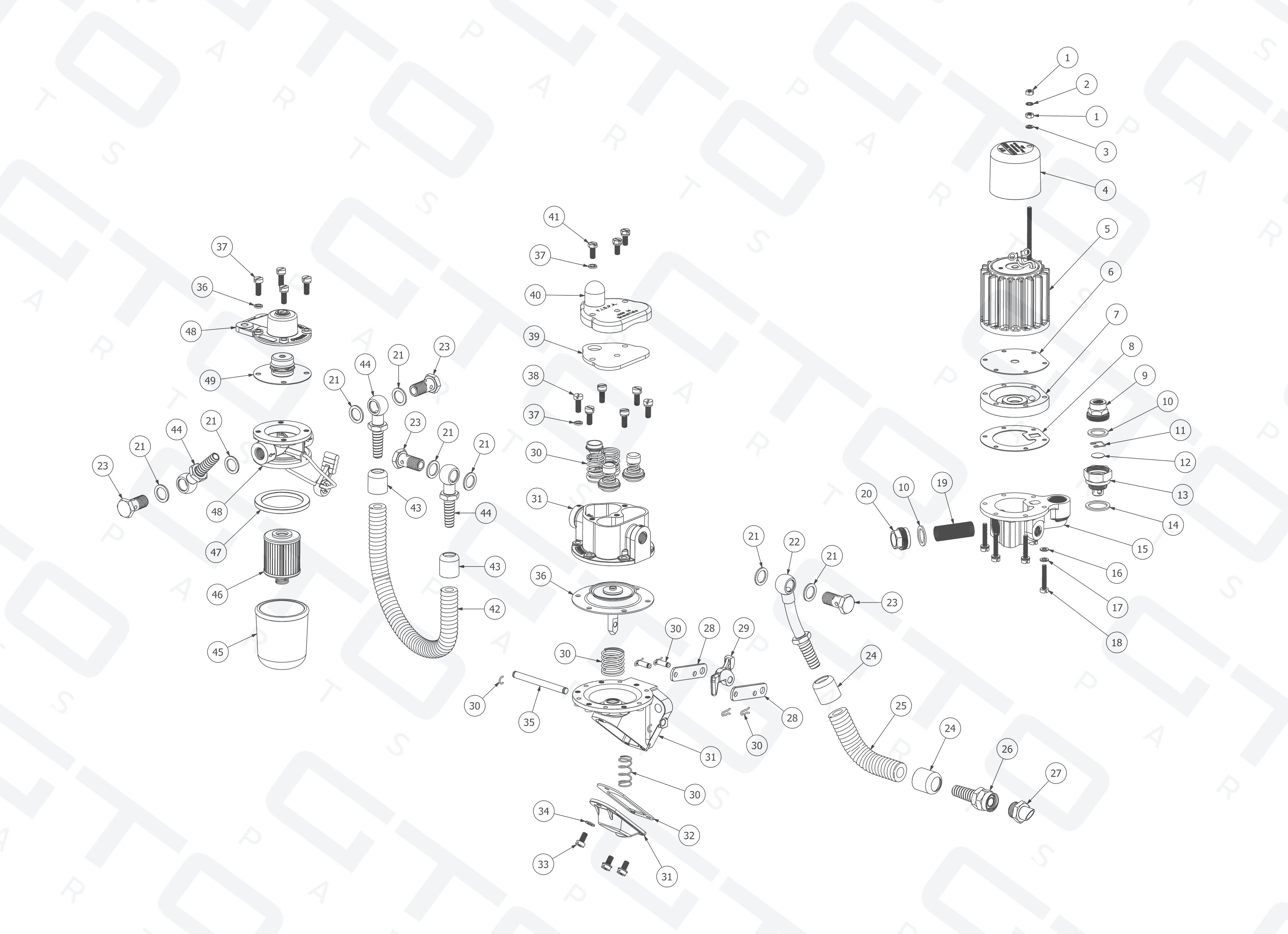 Schematic: Fispa Mechanical Fuel Pump, Electric Fuel Pump, & Filter Assembly