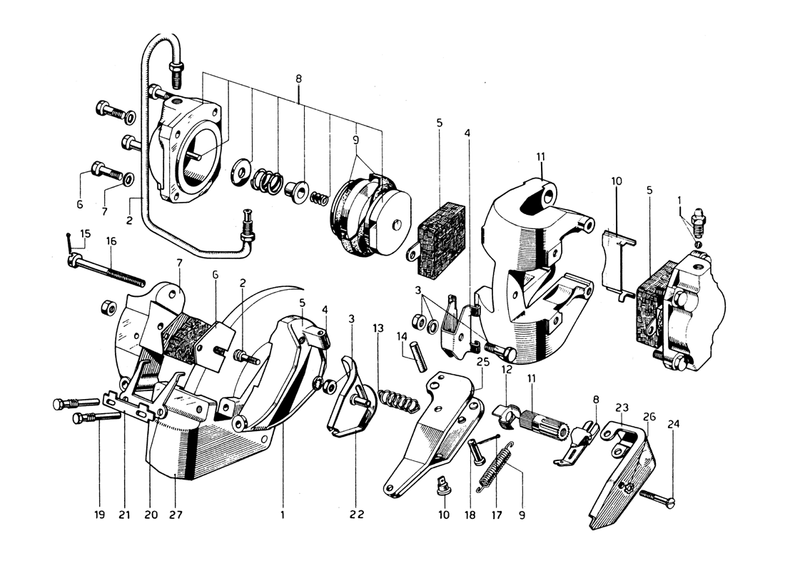 Schematic: Front - Rear Brake Calipers & Handbrake Mechanism