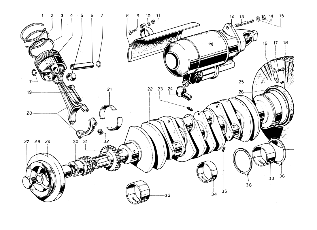 Schematic: Crankshaft, Con Rods & Pistons