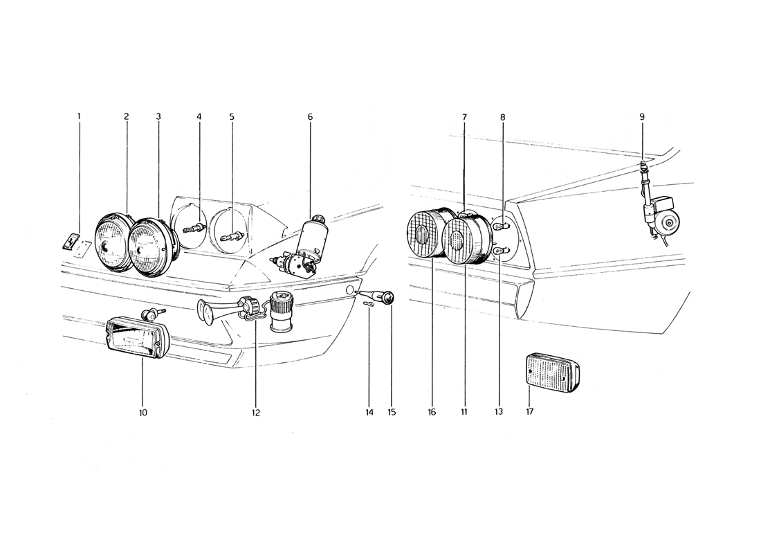 Schematic: Front And Rear Lights, Horns And Arial