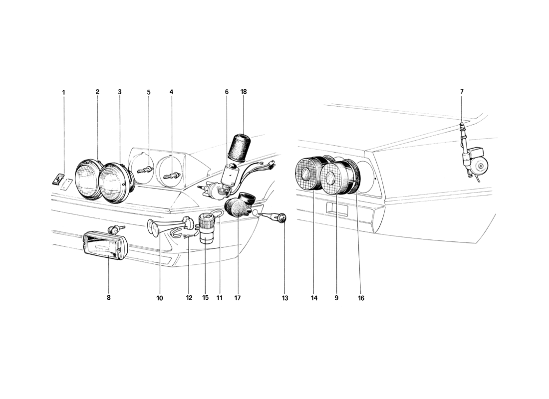 Schematic: Front And Rear Lights - Horns And Aerial