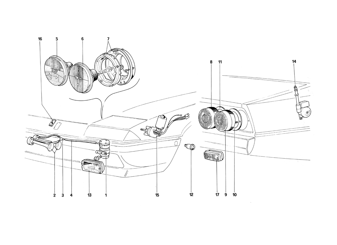 Schematic: Front And Rear Lights - Horns And Aerial