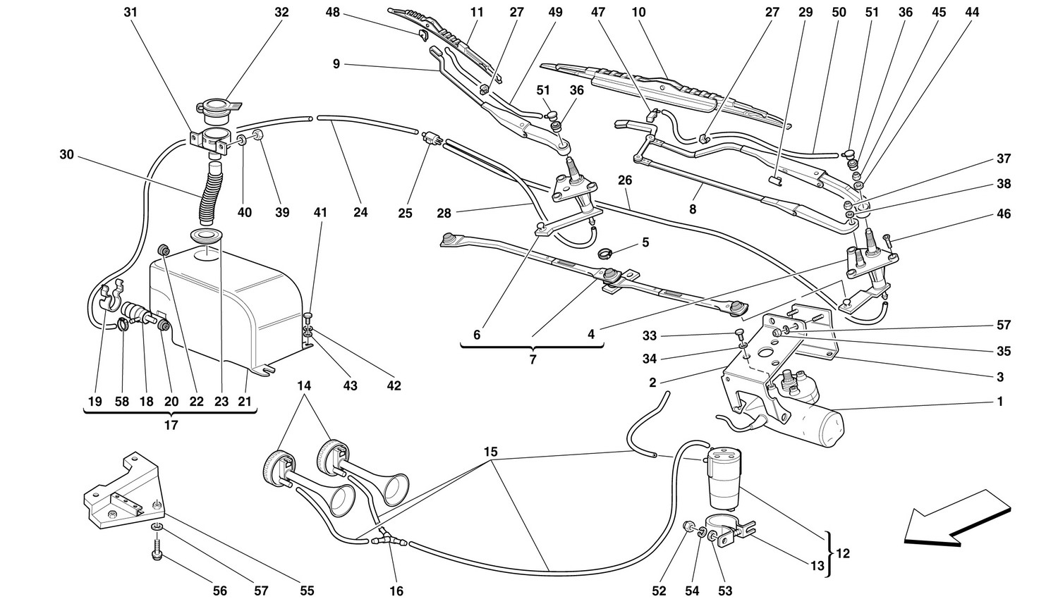 Schematic: Windshield Wiper, Washer And Horns