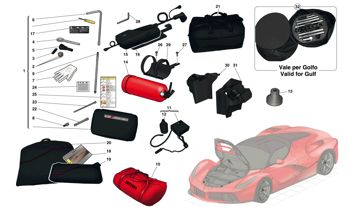 Schematic: Front Compartment And Tools Supplied With Vehicle