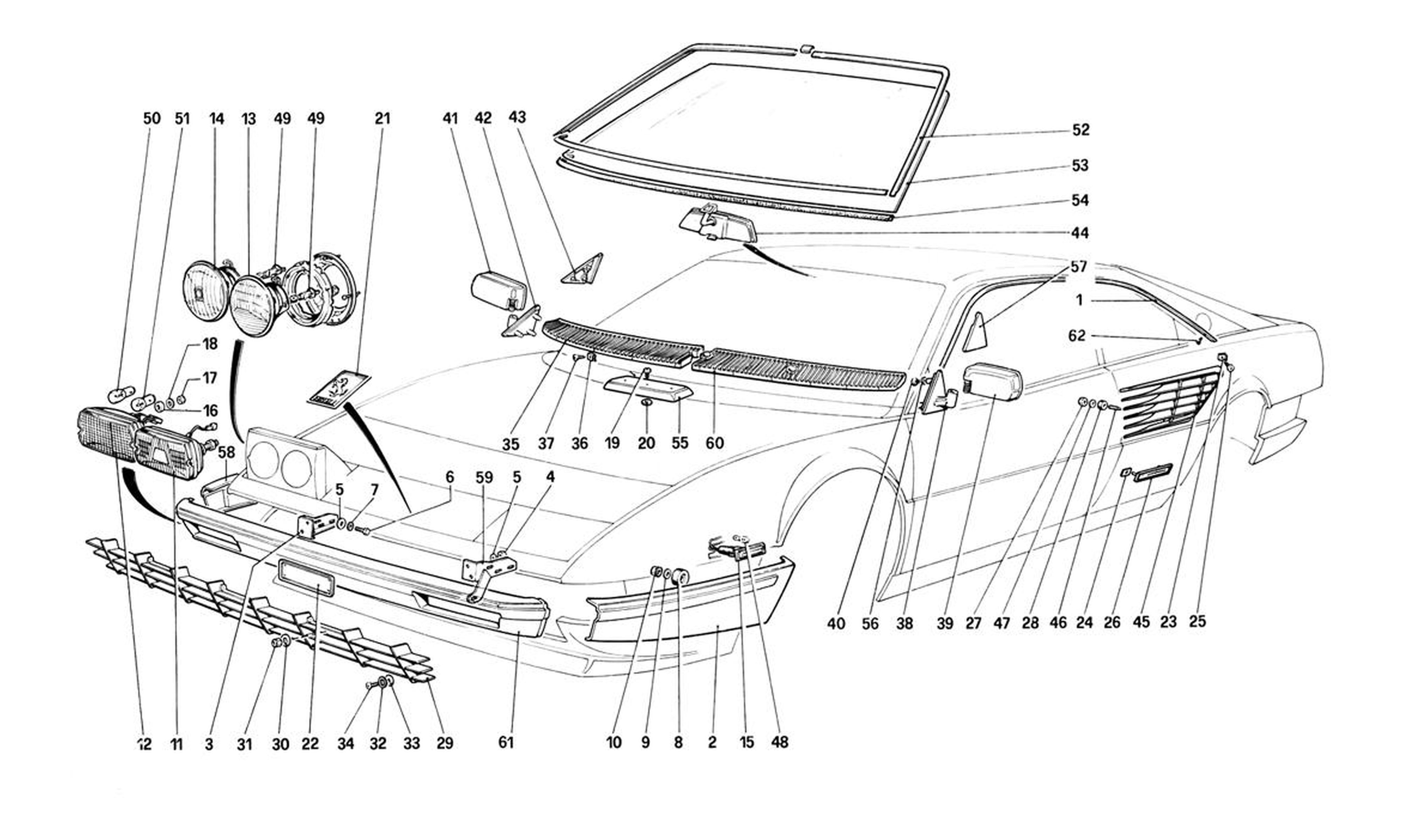 Schematic: Bumpers, Headlamps And Front Glasses